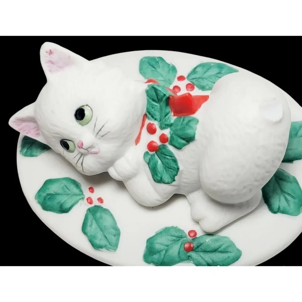 VTG Lefton Porcelain Christmas Kitty Trinket‎ Dish Bowl Holly Ribbon 1987 READ